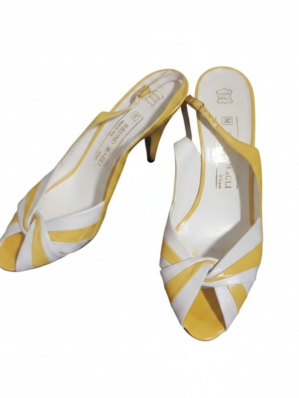 VTG 1950s 1960s Bruno Magli Yellow and White Knot Front Slingback Heels Size 8